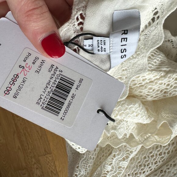 NWT Reiss Aspen Heavy Lace Midi Dress Sz 8 in White Bell Sleeves Cut-out Back - Picture 4 of 12